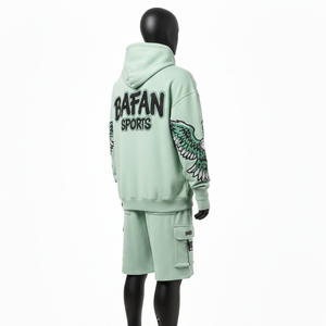 ชุดเซ็ตฮู้ดดี้และกางเกงขาสั้นผู้ชาย สีเขียวมิ้นท์ ผ้าคอตตอนโพลีฟลีซ พรีเมียม 320 GSM ปักลายเชนิลล์ พร้อมปักโลโก้ตามสั่ง - Product Image 5