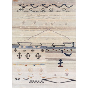 Freedom Manchaha Ivory Large Area Wool & <b>Silk</b> Hand Knotted Rugs Geometric Pattern 10mm Thickness for Home & Hallway-Lub-47 - Product Image 1