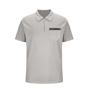 Men's Gray Short Sleeve Knitted Polo <b>Shirt</b> With Zipper <b>Collar</b> And Front Pocket Casual Style - Product Image 1