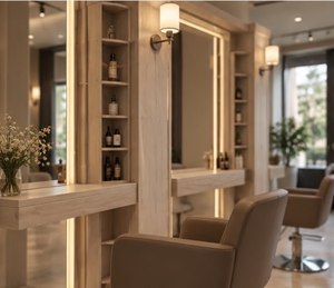Station de salon portable moderne en verre avec miroir éclairé, étagères de rangement et design réglable pour usage commercial - Product Image 6