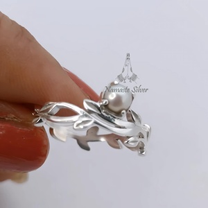 Pearl Leaf Ring, 925 Sterling Silver Handmade Boho Nature Inspired Band - Product Image 4