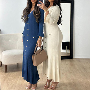 Women 2024 Autumn Winter Fashion Long Temperament V-neck Slim <strong>Button</strong> Down <strong>Solid</strong> <strong>Color</strong> Knitted Long Sleeved Dress - Product Image 2