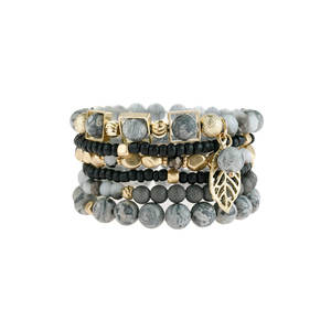 Bracelet en perles de pierres naturelles mélangées avec breloque feuille, cadeau fabriqué en alliage de zinc durable - Product Image 3