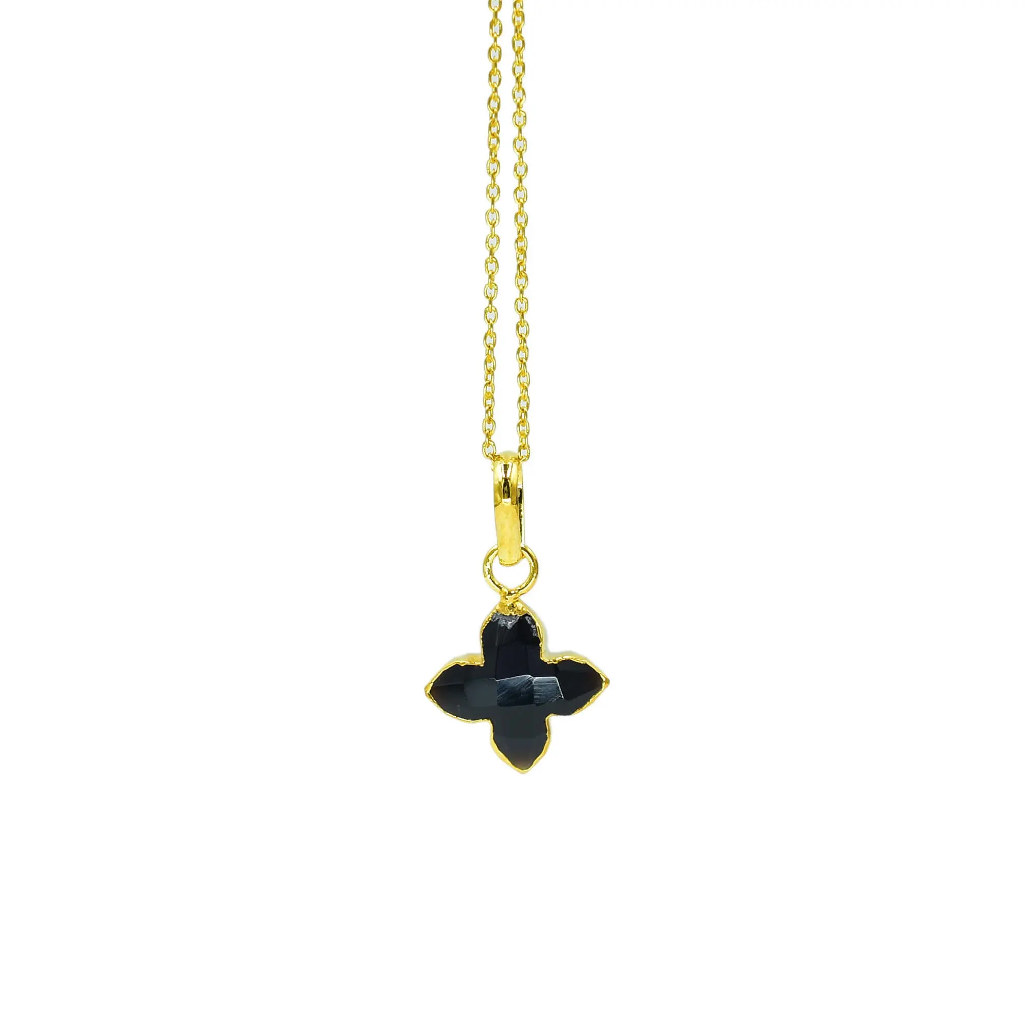 Natural black onyx clover shape pendant necklace 925 sterling silver gold plated jewelry handcraft carved charm supply gifts