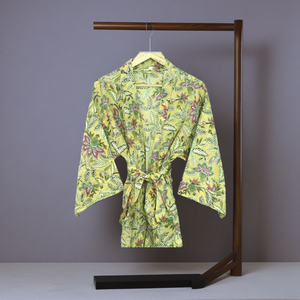 Premium 100% Silk Kimono <b>Robe</b> Lightweight Yellow Leaf Print Bathrobe with Belt for Summer Loungewear <b>Spa</b> Wear for Women Girls - Product Image 6