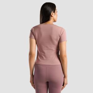 Dusty Pink Y2K Woman <b>Top</b> Slim Fit Short Length Knitted Cotton Lightweight Breathable Fabric Bow Collar Hole Letter Decoration - Product Image 2