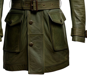 <b>Men's</b> Olive Green Genuine <b>Sheepskin</b> Leather Coat Collar Multi-Pocket Belted Mid Length Classic Custom Design Haus Industries - Product Image 5