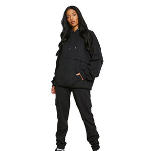 Ensemble de sport en molleton à capuche deux pièces pour femmes, taille plus, personnalisable, respirant, antibactérien, 100% coton, saison hivernale - Product Image 1