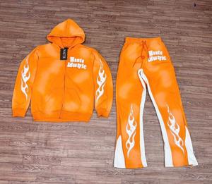 ชุดวอร์มล้างกรดโอเวอร์ไซส์ของผู้ชายชุดเสื้อมีฮู้ดและกางเกงขาบานแบบย้อนยุค - Product Image 2