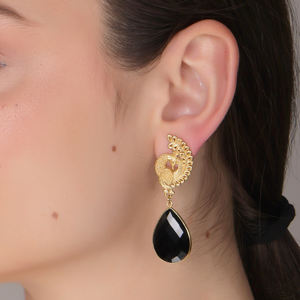 Dua Black <b>Onyx</b> Peacock <b>Earrings</b> Handmade Gold Plated Elegant Jewelry - Product Image 6