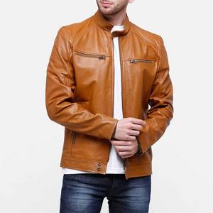Venta caliente de los hombres Slim Fit Biker chaqueta de cuero logotipo personalizado Stand Collar tela de lona hecha a mano en Pakistán - Product Image 6