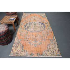 Alfombra de lana Vintage naranja y Beige de 4,2x8 pies, hecha a mano, área grande, estilo Tabriz, diseño de retazos, respaldo de látex para adolescentes para pasillo - Product Image 1