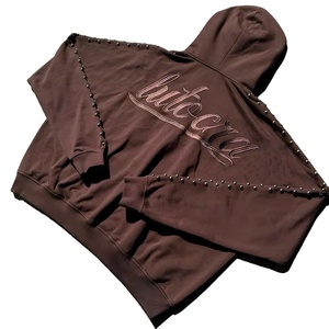 Sudadera con capucha y cremallera de lujo para hombre, ropa de calle de gran tamaño personalizada con tachuelas de diamantes de imitación, forro polar pesado de algodón 100%, OEM ODM - Product Image 2