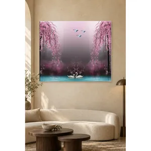 ภาพพิมพ์บนผ้าใบต้นไม้สีชมพูฟิดาและหงส์ - Product Image 1