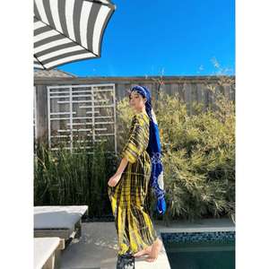 Robe maxi ample à col en V, à taille naturelle, en tissu tie-dye, longueur au sol, écologique, avec ceinture à la taille, vêtements de plage, vacances - Product Image 3