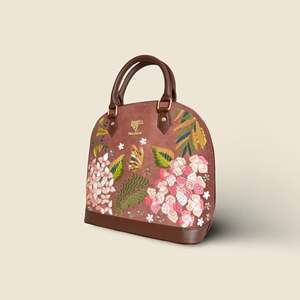 Sac fourre-tout de luxe en cuir végétalien brodé de fleurs avec deux poignées et fermeture éclair pour femme - Marron - Product Image 4