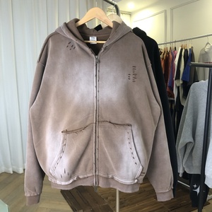 400 GSM lavage à l'acide en détresse sweat à capuche zippé pour hommes Style lourd épais doux chaud décontracté Streetwear superposition sweat - Product Image 3