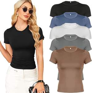 T-shirt à col en V 100% coton pour filles Jersey uni vierge Logo d'impression numérique personnalisé Motif solide T-shirts à col en V courts pour femmes - Product Image 1