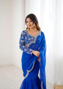 Sari pour femme en faux georgette premium à volants avec broderie de sequins et fils, en stock, délai de livraison sans échantillon - Product Image 5