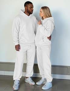 Nouvel ensemble deux pièces grande taille écologique coupe-vent avec capuche et cordon de serrage, pantalon et sweat-shirt à carreaux ou couleur unie, 100 % coton, vêtements de sport - Product Image 3