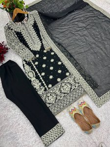 Designer Silk Party Wear <b>Top</b>-Bottom and Dupatta Set with Heavy Embroidery and Sequence Work Wrinkle Free - Product Image 4