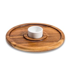 Plateau à copeaux et trempette en bois d'acacia avec bol en céramique Plateau de service en bois rond élégant pour les collations Plat de service moderne à trempette - Product Image 4