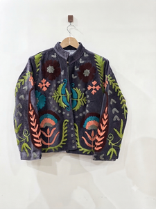 Wholesale <b>Women</b> Grey <b>Velvet</b> Jacket Hand Embroidered Vintage Ethnic Boho Open Front <b>Coat</b> Short Casual Winter Outerwear - Product Image 4