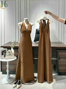 Vestido Maxi Marrón Tejido Liso Ligero de Satén/Poliéster Suave con Cintura Natural, Espalda Abierta y Lazo, Elegante Corte en A para Fiesta - Product Image 2