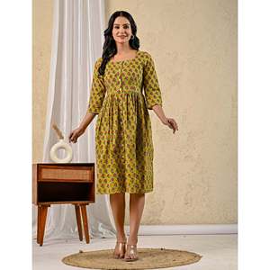 Vestido de algodón estampado a mano Green Butta, informal, de verano, ODM, con cuello cuadrado y cintura imperio, talla XS, transpirable y sexy - Product Image 4