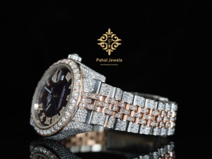 Montre analogique mécanique de luxe bicolore avec diamants Moissanite VVS, bracelet en acier inoxydable, chiffres romains, fonction date, style Hip-Hop - Product Image 2