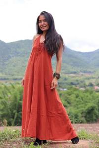 2022เดรสแม็กซี่ตัวยาวแบบลำลองสำหรับผู้หญิง, เดรสแขนกุดเปิดหลังย้อมสีแดงธรรมดาคอวียาวถึงพื้นสำหรับฤดูร้อน - Product Image 4