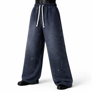 Pantalones de chándal anchos de algodón para hombre, estilo vintage, lavados, azul marino, con salpicaduras de pintura, joggers oversize, streetwear, con logo personalizado - Product Image 1