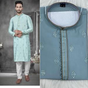 Pyjama Kurta en soie de coton lourd avec broderie lourde pour hommes, mariage traditionnel, mode Maruti MF775 - Product Image 2