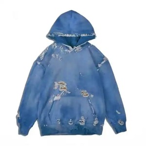 สินค้าใหม่หนักน้ําหนักคุณภาพดีที่สุดผู้ชายOversize DistressedทําลายHoodieวางไหล่กีฬาออกกําลังกายเปล่าHoodies - Product Image 3