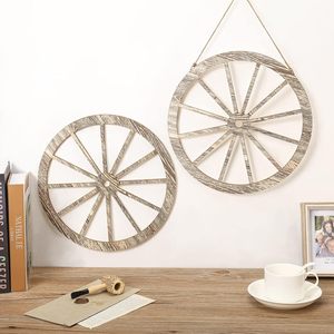 2 pièces de décoration de roue de chariot en bois naturel poli de couleur bois pour fête de cow-boy western, décoration de la maison, bar, garage - Product Image 2