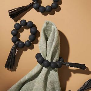 <b>Wooden</b> napkin ring black <b>beads</b> tassels home decor table setting rustic kitchen decor unique napkin holder modern elegant dining - Product Image 1