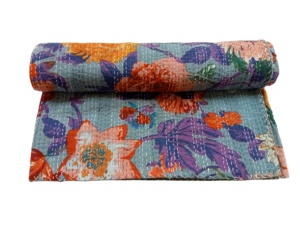 Edredón Kantha de algodón 100% tamaño King, colcha blanca con estampado de bloques indios hecha a mano para uso en Hotel, tipo sábana plana - Product Image 5