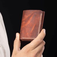 Portefeuille fin à trois volets en cuir véritable vintage, porte-cartes de crédit en métal, protection RFID, porte-monnaie pour homme