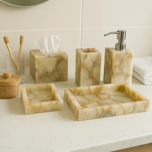 Ensemble d'accessoires de salle de bain en pierre d'agate de luxe organisateur de vanité fait main de 5 pièces avec plateau distributeur de savon boîte à mouchoirs pour hôtels - Product Image 2