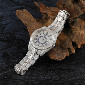 Montre analogique bicolore de luxe en acier inoxydable de haute qualité entièrement glacée qualité VVS Baguette Moissanite diamant Hip Hop cadran romain - Product Image 2