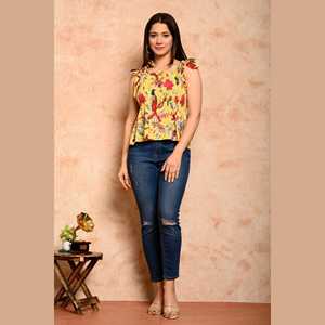 Top de lino con estampado de pájaros amarillos para mujer, talla XL, cuello con volantes, estilo occidental BoHo, estampado de animales a rayas, Top fruncido suelto de primavera - Product Image 2