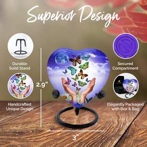 Urne en forme de cœur papillon pour cendres humaines-Urne papillon violette pour cendres avec boîte et sac-Mini urne violette avec papillons - Product Image 6