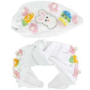 Happy Easter Headband Seed Bead Beaded Knot Top Bunny Rabbit Egg Easter <b>Outfit</b> White and pink Statement Accessory - Product Image 3