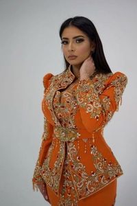 Broderie à la main sur veste de couleur orange, karakou avec robe de piste rouge avec perles de verre cristal embellies, pierre, dabka work @ 2024 - Product Image 2