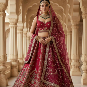 Lehenga choli ชุดเจ้าสาวอย่างเป็นทางการพร้อมผ้ากำมะหยี่ทรงหลวมและ dupatta คู่ - Product Image 1