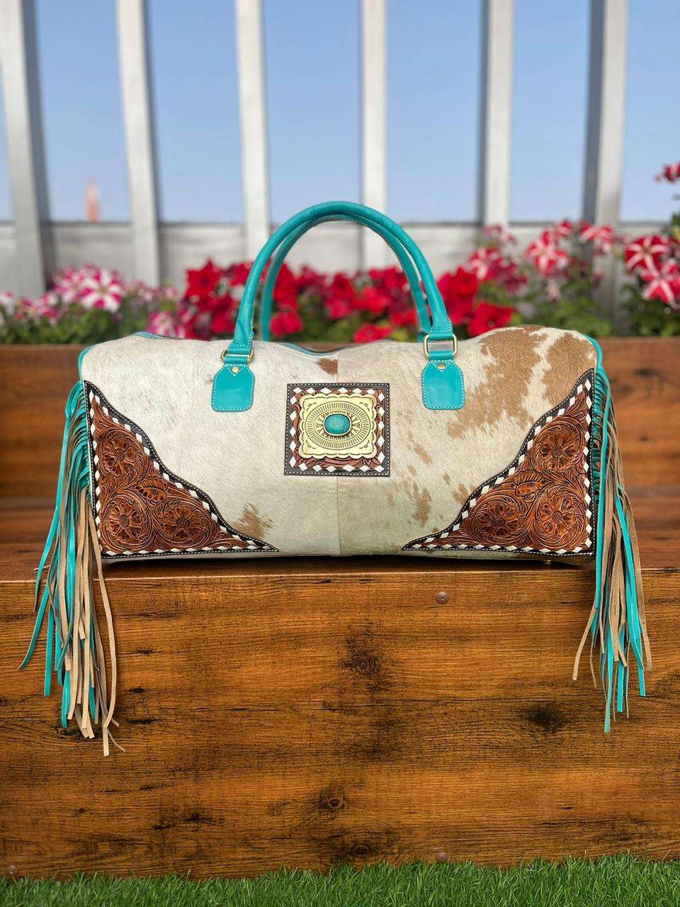 Turquoise With Brown Cowhide