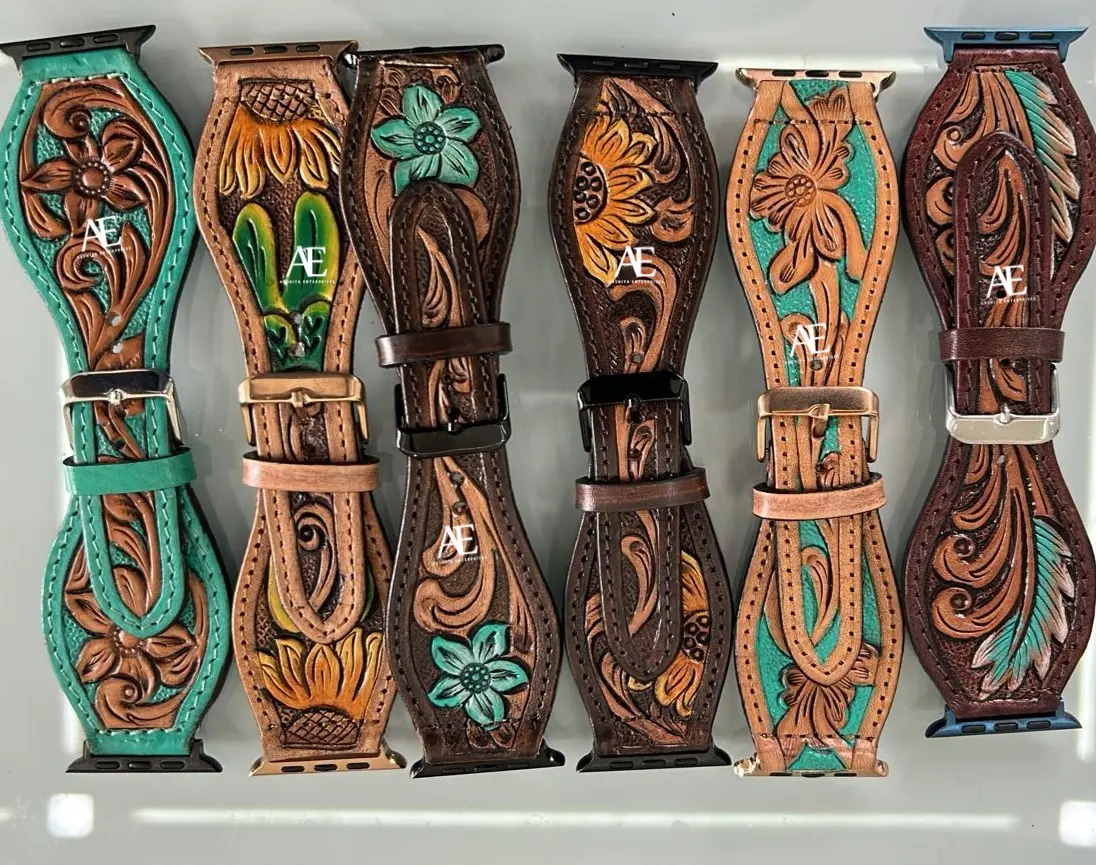 New Arrival Handmade Genuine Leather Custom Design Western Floral Tooled Painted Watch Band Boho Western Replacement Watch Strap