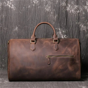 Sac de voyage pliable en cuir véritable, léger, grande capacité, fermeture éclair, portable, durable, marron - Product Image 1