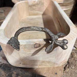 Handmade Stylish Acacia Wood Serving Tray <b>Polished</b> Metal Handles Anti-Skid <b>Pads</b> for Home Kitchen Bedside Coffee Table/Ottoman - Product Image 1