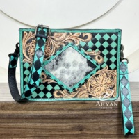 Nouveauté 2025 Sac bandoulière en cuir repoussé à la main, en cuir de vachette, motif à carreaux noir et turquoise, style western, sac à main croisé, pochette de poignet en nylon RFID